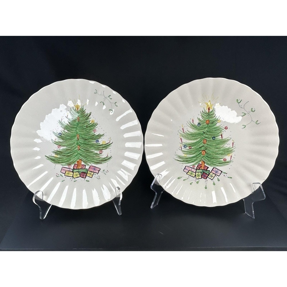Blue Ridge Hand Painted Christmas Tree 10" Dinner Plates Southern Potteries Pair